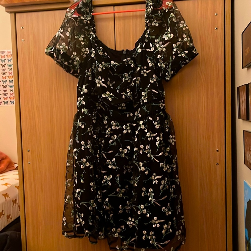 Radiant Love Black Floral Embroidered Short Sleeve Skater Dress - Lulus size 3X